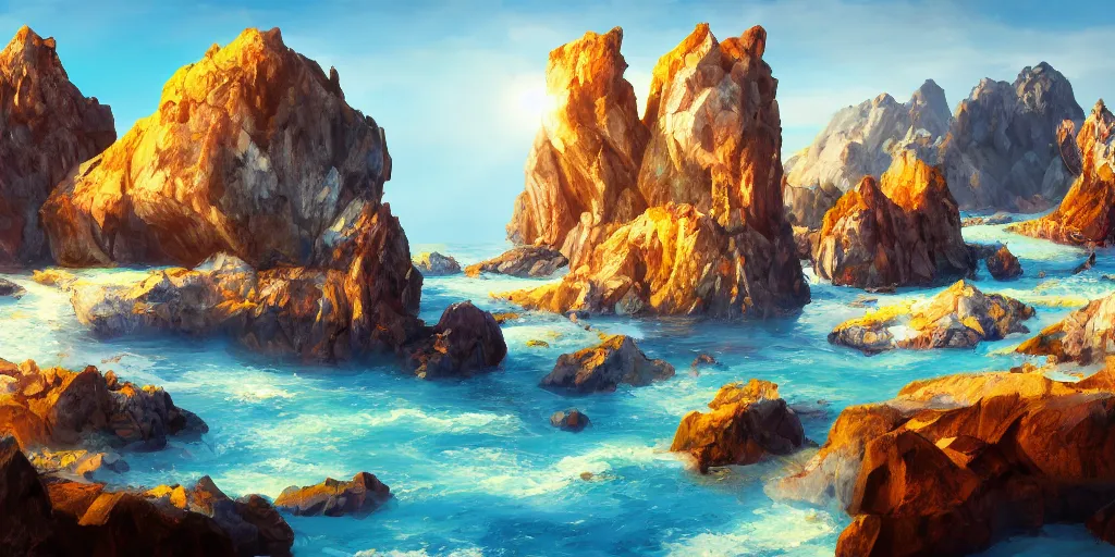 Image similar to salt covered islands surrounded by colourful rugged quartz cliffs, illustration, bright sunlight, sun glints, sunrays, digital art, oil painting, fantasy, 8 k, trending on artstation, detailed