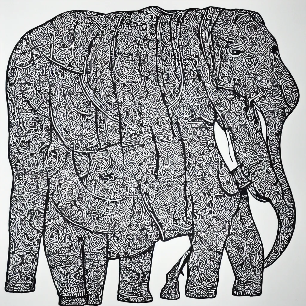 Image similar to block print elephant in the style of strawcastle, black ink on white paper