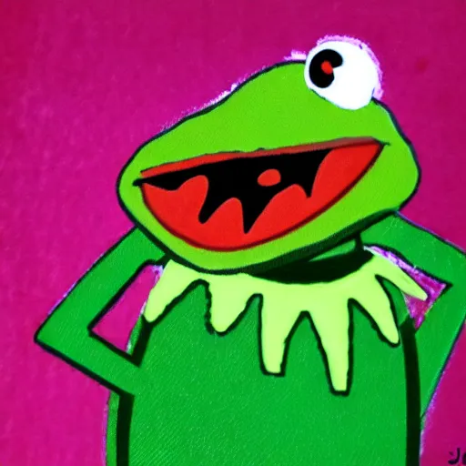 Prompt: kermit the frog chasing a soda can in the style of muppets by jim hansen