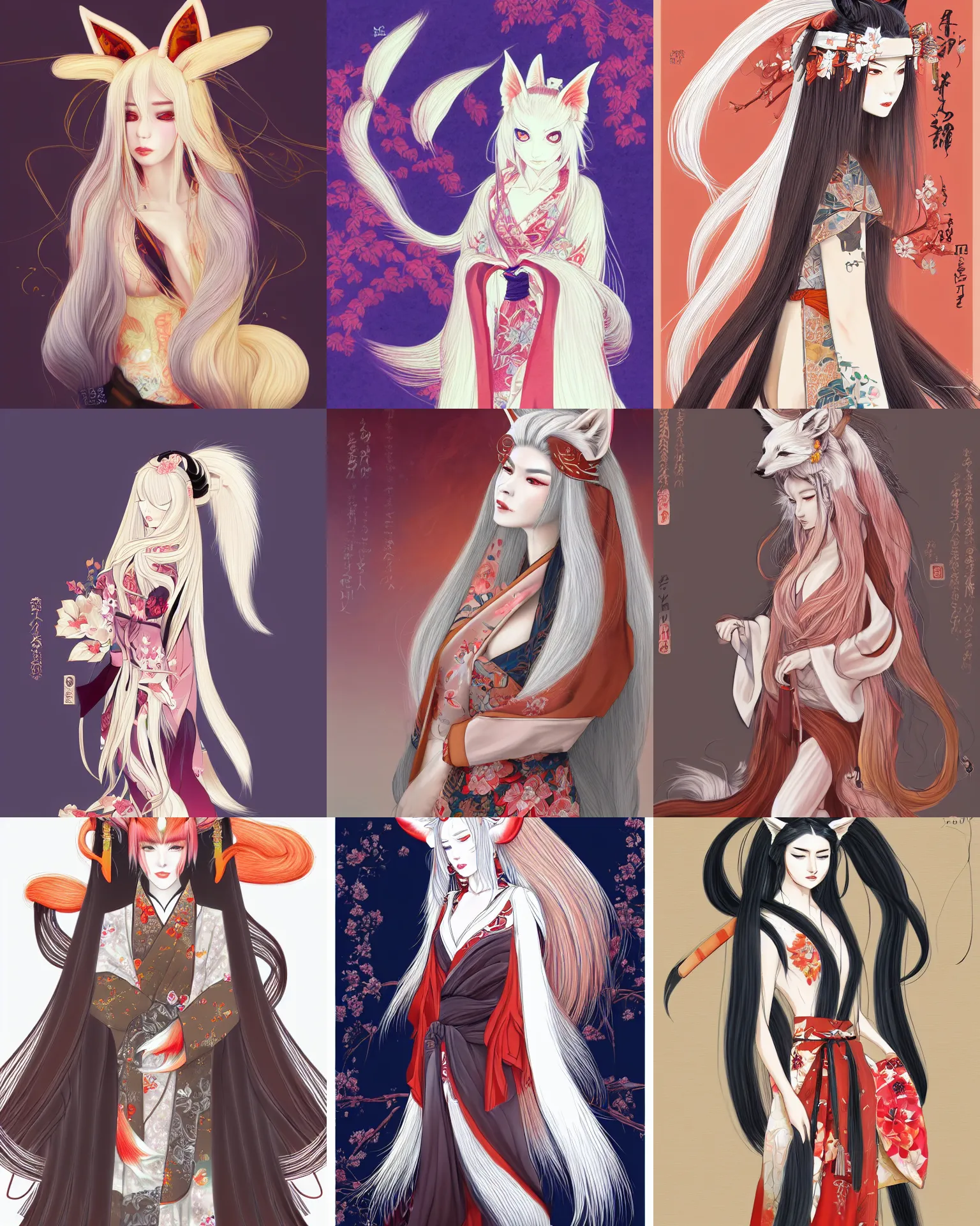 Prompt: A beautiful traditional kitsune woman with long white hair and fox ears and multiple tails wearing a kimono, WLOP, digital drawing, trending on ArtStation