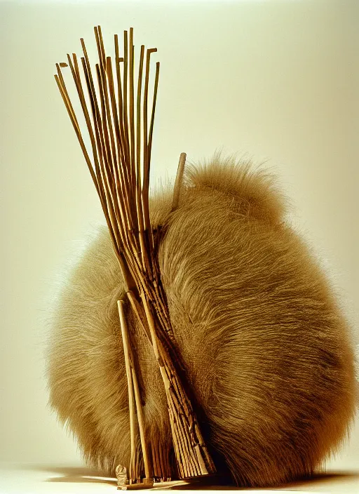 Image similar to realistic photo of a a medieval brushwood and straw archeology scientific equipment device made of brushwood, with white fluffy fur, by dieter rams 1 9 9 0, life magazine reportage photo, natural colors, metropolitan museum collection