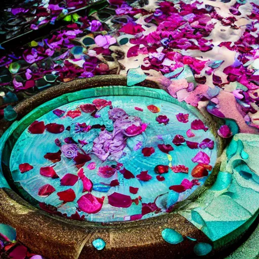 Image similar to photograph of Georgia O'Keefe flower sculptural fountain with flower petals and water flowing throughout, feminine, beautiful, curvy, flowers background, romantic, sensual, shallow depth of field