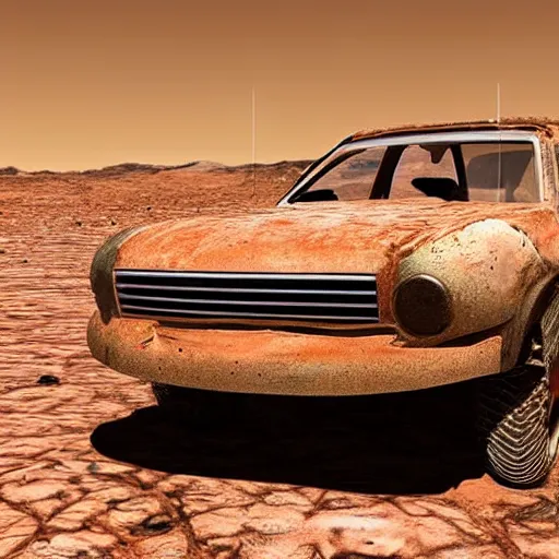 Prompt: a rusty old ford taurus standing on the surface of mars, very high detail