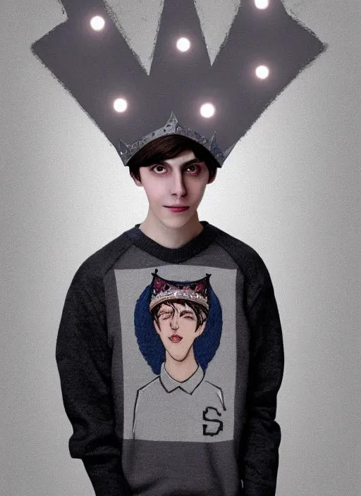 Image similar to portrait of teenage jughead jones wearing a light grey crown, photorealistic, crown, eyes closed, crown, black hair, sweater with letter s on it, letter s, intricate, elegant, glowing lights, highly detailed, digital painting, artstation, concept art, smooth, sharp focus, illustration, art by wlop, mars ravelo and greg rutkowski