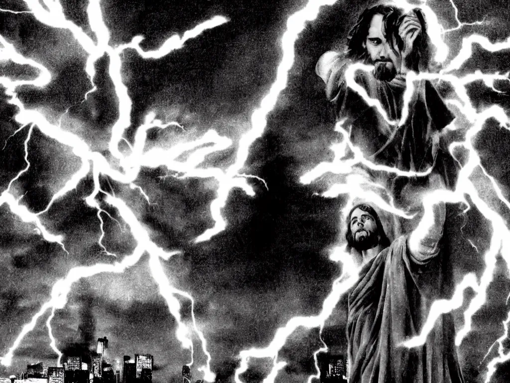 Image similar to jesus floating above the water shooting lightning out of his hands, sin city, full shot, graphic novel, symmetrical, frontal,