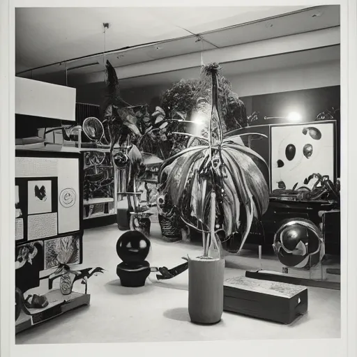 Prompt: A black and white photography of an exhibition space with objects of Sun Ra, Marcel Duchamp and tropical plants, 60s, offset lithography print, newspaper, distant shot