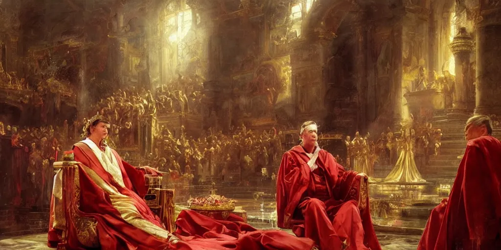 Image similar to beautiful oil painting, steve buscemi in royal crimson robes enthroned as the god emperor of ancient rome a golden wreath upon his head, by anders zorn, wonderful masterpiece by greg rutkowski, beautiful cinematic light, american romanticism, by thomas lawrence, greg rutkowski