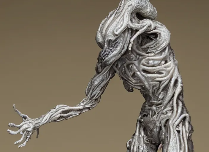 Image similar to stylized shiny polished silver statue full body extra limbs bizarre cosmic horror demonic demon made of marble of slug creature tendrils, perfect symmetrical body, perfect symmetrical face, hyper realistic, hyper detailed, by johannen voss, by michelangelo, octane render, blender, 8 k, displayed in pure white studio room