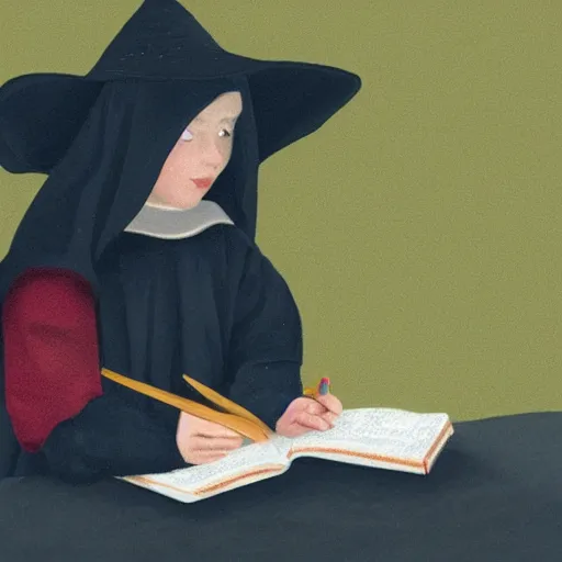 Image similar to young medieval girl wearing witch's hat and headphones sitting studying