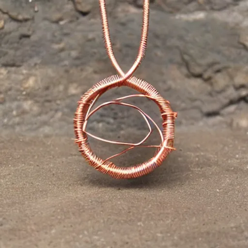 Image similar to a beautiful circular pendant made of sand and dirt, tied together by copper wire