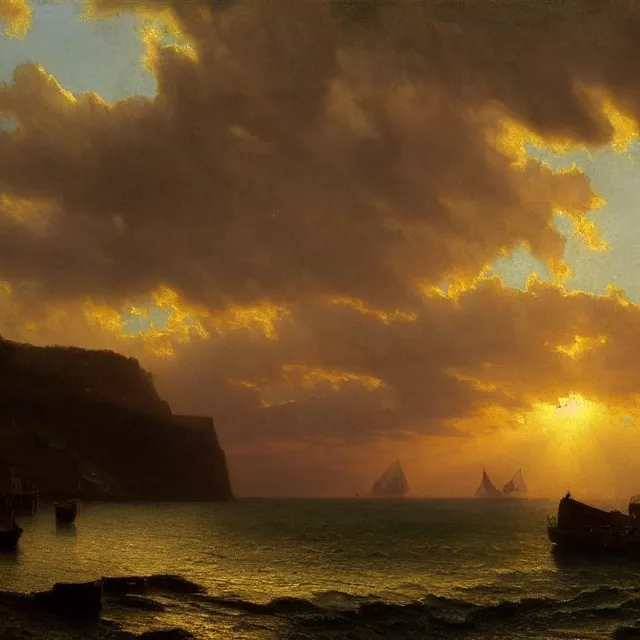 Image similar to stunning high quality landscape painting of a cornish fishing port at sunset by albert bierstadt, highly detailed, sharp focus, volumetric lighting, dramatic light, crepuscular rays, stormy clouds approaching, trending on artstation, cgsociety, masterpiece