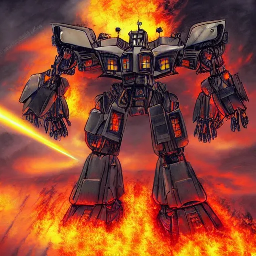 Image similar to beautiful picture of a giant Mecha, fire, burning, ember, dramatic, anime style, art by Yasuhiko Yoshikazu, trending on Artstation