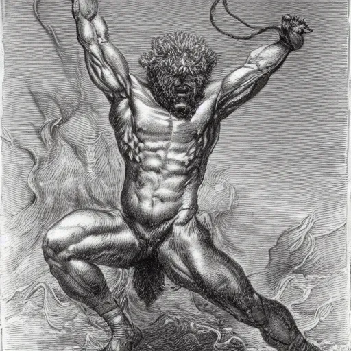 Image similar to full body grayscale drawing by Gustave Dore of muscled humanoid bear beast in heroic pose, swirling flames in background