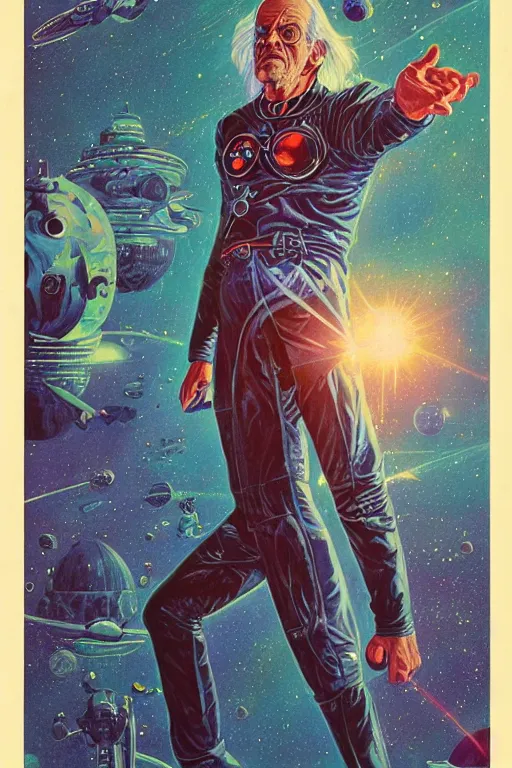 Prompt: Christopher Lloyd is a space pirate, science fiction, retro cover, high details, intricate details, by vincent di fate, artgerm julie bell beeple, 60s, inking, vintage 60s print, screen print