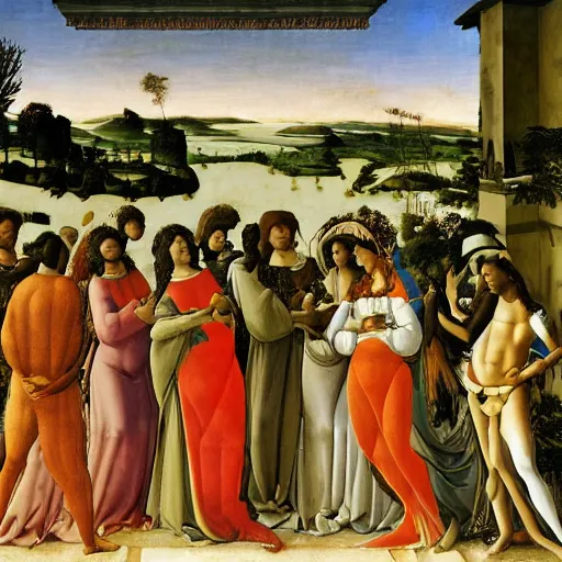 Image similar to The Birth of Funk Music by Botticelli, oil painting in the style of Italian Renaissance