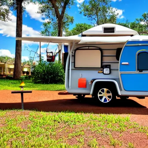 Prompt: Camper Trailer Parked at Disney World Campground, In the Style of a 1990s Disney Animated Movie