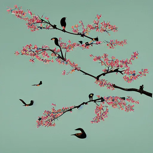 Image similar to birds on cherry tree, Changelingcore, serene, graceful, sunset photo at golden hour, Kodachrome, digital painting by M. C. Escher