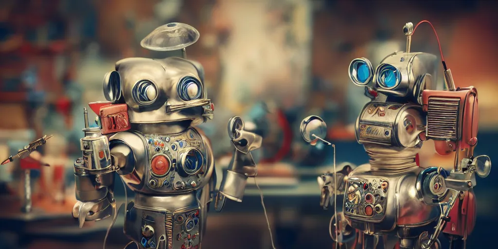 Image similar to closeup portrait of tin toy retro robot artist drawing sketch in a workshop, depth of field, zeiss lens, detailed, centered, fashion photoshoot, by nicoletta ceccoli, mark ryden, lostfish, breathtaking, 8 k resolution, extremely detailed, beautiful, establishing shot, artistic, hyperrealistic, octane render