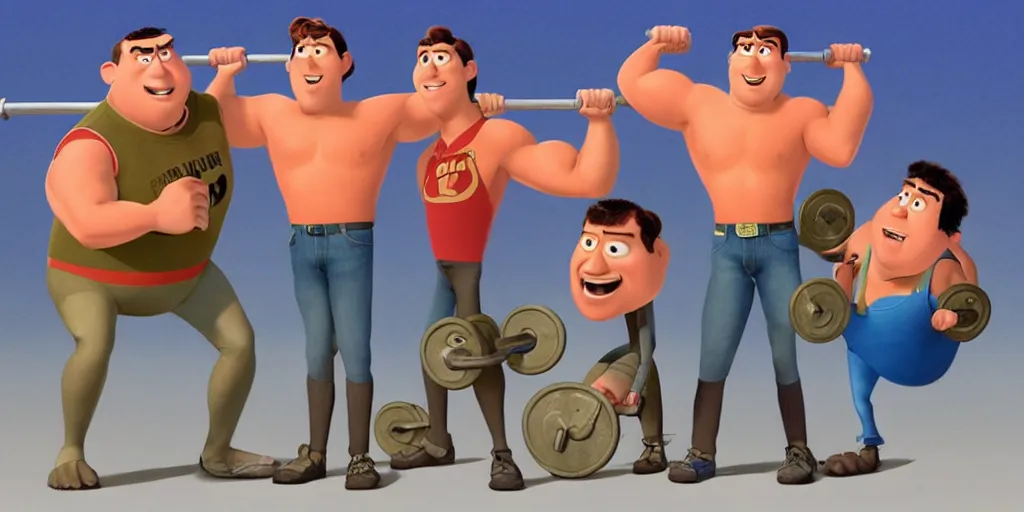 Image similar to Pixar movie art of Will Ferrell lifting weights