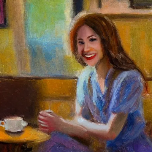 Prompt: a young woman smiling while listening to music in a coffee shop, impressionist style, 4 k,