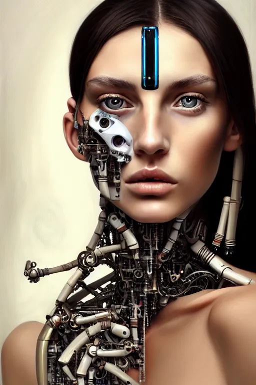 Image similar to a photorealistic painting of an attractive young girl, partially covered in cyborg and robotic mechanical parts, olive skin, long dark hair, beautiful bone structure, symmetrical face, perfect eyes, intricate, elegant, digital painting, concept art, illustration, sharp focus, in the style of Diego Velázquez