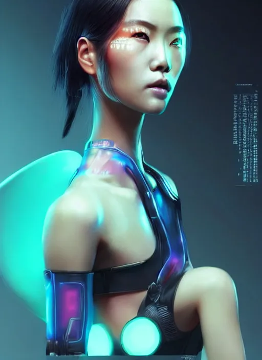 Image similar to photorealistic portrait of asian female humanoid, cyber neon lights, highly detailed, cyberpunk fashion, elegant, crispy quality, trending in artstation, trending in pinterest, glamor pose, no signature, no watermark, cinematic, art by pascal blanche