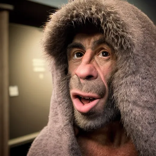 Image similar to Photo portrait Joe Rogan as a wax neanderthal cave man exaggerated brow wrapped in fur cloak screaming like a ape in the natural history in front of a crowd of school children on tour in the museum dramatic lighting 85mm lens by Steve McCurry