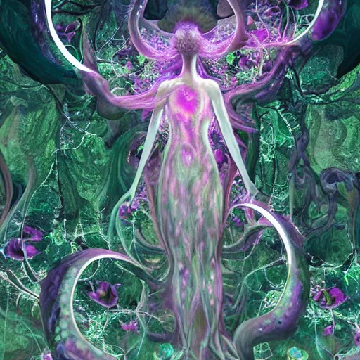 Image similar to glowing delicate flower and mushrooms that grow in a dark fatansy forest on the planet Pandora, an idealistic marble statue with fractal flowery hair in a fractal garden, symmetrical,