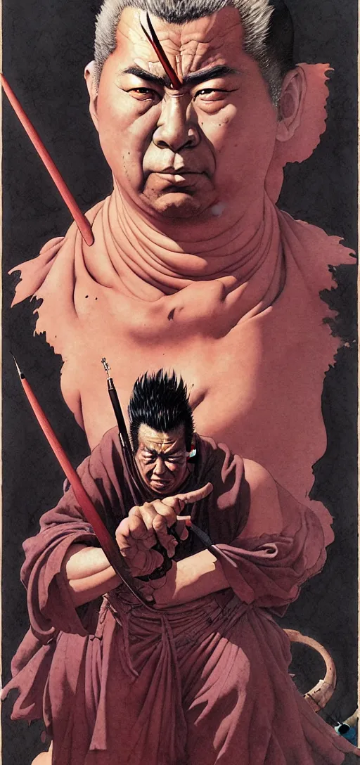 Image similar to portrait of zatoichi in the style of wayne barlowe, gustav moreau, peter mohrbacher, bussiere, roberto ferri, santiago caruso, luis ricardo falero, austin osman spare, boris vallejo, hajime sorayama