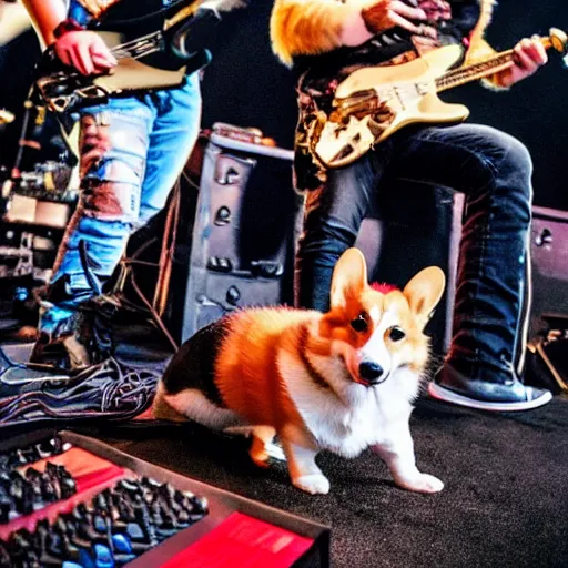 Prompt: corgi on concert of Russian rock group with tons of beer