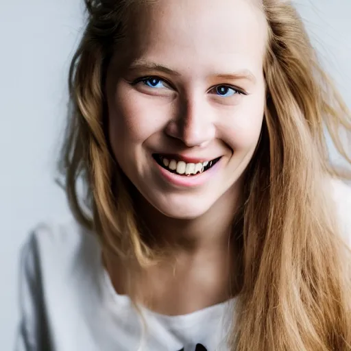 Image similar to woman from scandinavia, 2 0 years old, smiling and looking directly at the camera, dslr, portrait photo, white background, leibowitz