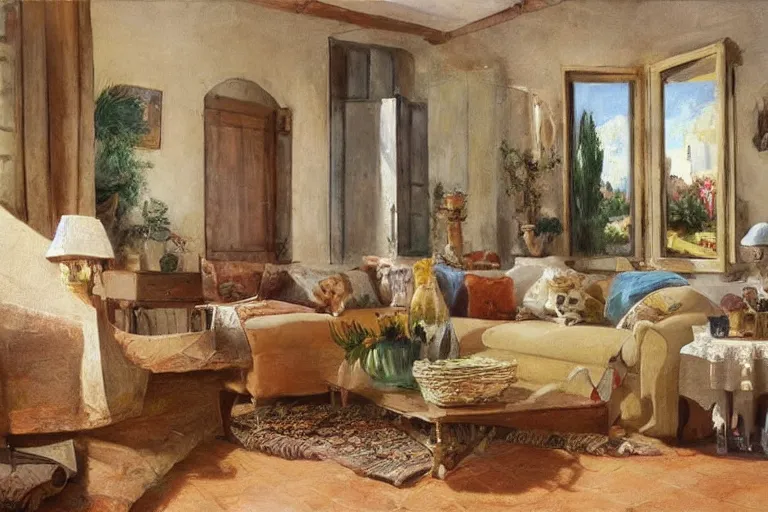 Image similar to Funny cat jumps in provence style living room, photorealism,