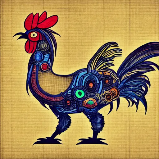 Image similar to colorful schematic of a fighting rooster made of car engine parts, schematic, dieselpunk, illustration, intricate, highly detailed