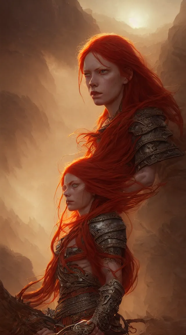 Image similar to highly detailed portrait of a warrior redhead woman, elden ring, stephen bliss, fantasy art by greg rutkowski, loish, rhads, ferdinand knab, makoto shinkai and lois van baarle, ilya kuvshinov, rossdraws, tom bagshaw, global illumination, radiant light, detailed and intricate environment