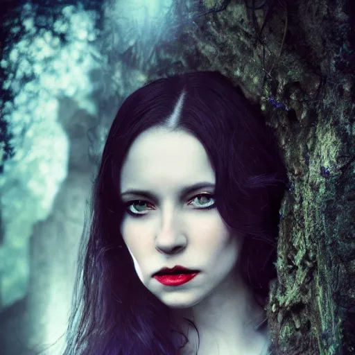 Image similar to charismatic regal aristocratic brunette female vampire, portrait, at highgate cemetery, atmospheric lighting, painted, intricate, mist, cold, volumetric lighting, beautiful, blue tint, moon light, sharp focus, ultra detailed, by leesha hannigan, ross tran, thierry doizon, kai carpenter, ignacio fernandez rios