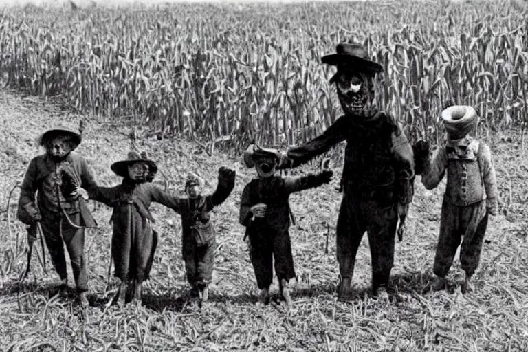 Image similar to disturbing scarecrow from the early 1 9 0 0's leading innocent children into the cornfields