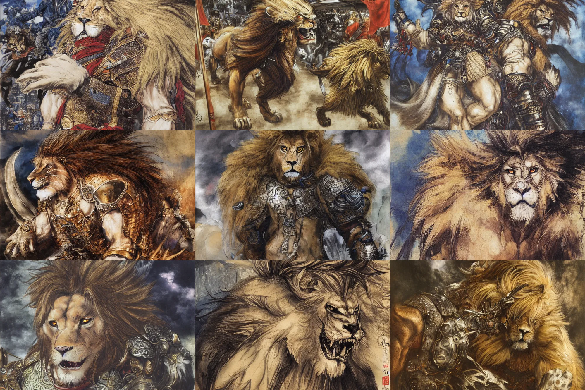 Image similar to 8k Yoshitaka Amano painting of upper body of a young cool looking lion beast-man at a medieval market at windy day. Lion with white mane, Depth of field. He is wearing complex fantasy armors. He has huge paws. Renaissance style lighting.