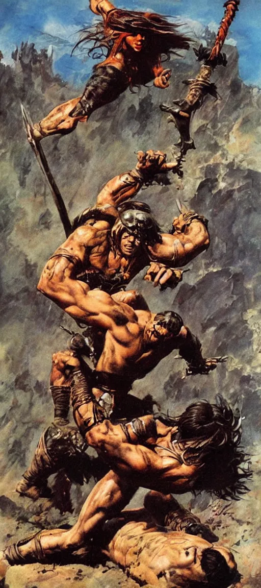 Image similar to Conan the barbarian rescuing damsel in distress by Frank Frazetta