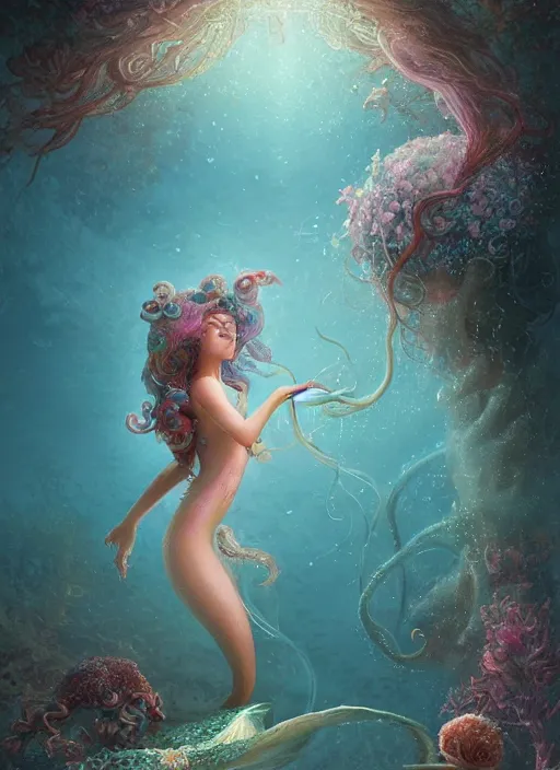 Prompt: a romantic scene of a young mermaid in love with beautiful long sea weed hair, flowers and octopus, 3 d render, hyper realistic, digital painting, fantasy art, beeple, peter mohrbacher, thomas kinkade