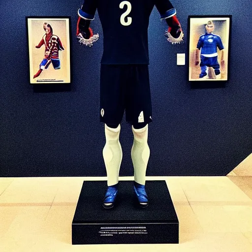 Image similar to “ a realistic detailed photo of a guy who is an attractive humanoid who is half robot and half humanoid, who is a male android, soccer player antoine griezmann, shiny skin, posing like a statue, blank stare, at the museum, on display ”