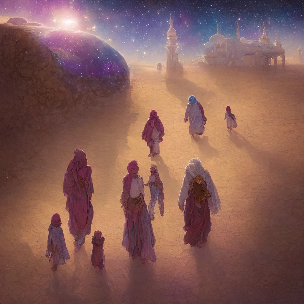 Image similar to bedouin man and woman and child in galaxy walking towards mosque surrounded by nebula, highly detailed, gold filigree, romantic storybook fantasy, soft cinematic lighting, award, disney concept art watercolor illustration by mandy jurgens and alphonse mucha and alena aenami, pastel color palette, featured on artstation