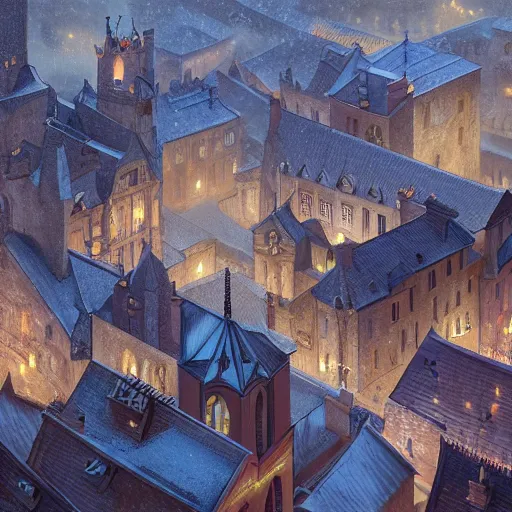 Image similar to an ultra detailed matte painting of the quaint town of galic, grid shaped city cobblestone streets, fantasy city, light snowfall, wind, inspiring gothic architecture, ultrawide lense, aerial photography, unreal engine, exquisite detail, 8 k, art by greg rutkowski and alphonse mucha