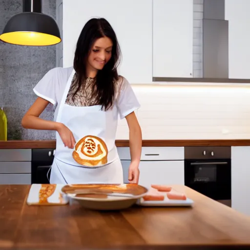 Image similar to photorealistic image of a beautiful girl cooks delicious pancakes in a minimalist kitchen with white walls, a red oak table.