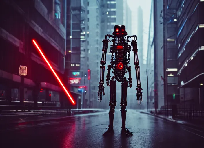 Image similar to 3 5 mm portrait photo of general grievous with heavy duty biomechanical cybernetic body with 4 arms holding 4 activated red lightsabers in the city in the rain. cyberpunk horror style.