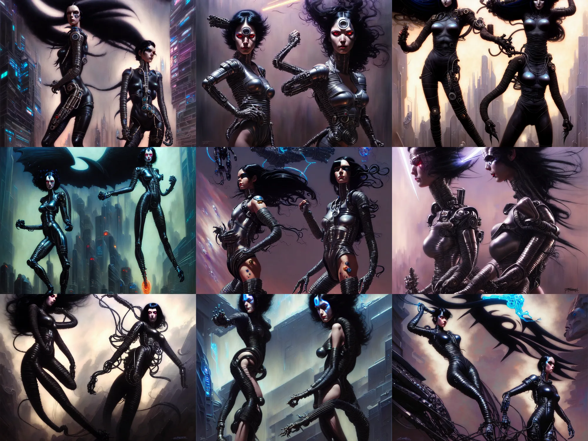 Image similar to jet black haired cyberpunk girl, superhero, dramatic lighting, ultra realistic, intricate details, the fifth element artifacts, highly detailed by peter mohrbacher, allen williams, hajime sorayama, wayne barlowe, boris vallejo, aaron horkey, gaston bussiere,