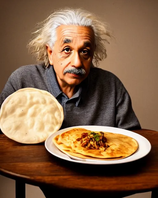 Image similar to a portrait of albert einstein sitting at the dining table with a plate containing chole bhature in front of him, highly detailed, trending on artstation, bokeh, 9 0 mm, f / 1. 4
