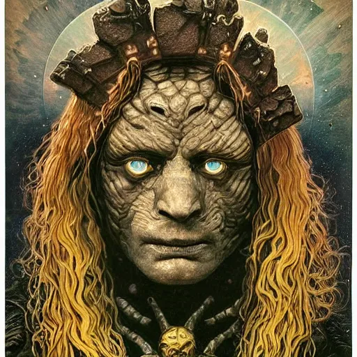 Image similar to portrait of golem the earth warrior made with rock and black obsidian and thunder by Jeff Easley and Peter Elson + beautiful eyes, beautiful face + symmetry face + border and embellishments inspiried by alphonse mucha, fractals in the background, galaxy + baroque, gothic, surreal + highly detailed, intricate complexity, epic composition, magical atmosphere + masterpiece, award winning + trending on artstation