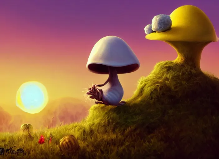 Image similar to a cute dr seuss creature sitting next to a mushroom, golden hour, fantasy, sharp focus, digital art, hyper realistic, 4 k, unreal engine, highly detailed, hd, dramatic lighting by brom, trending on artstation