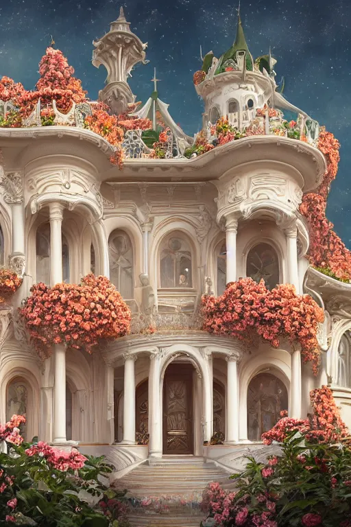 Image similar to The front of the white Rococo-style castle is full of roses, Art Nouveau Cosmic 4k Detailed Matte Illustration featured on Getty Images ,CGSociety, Jade and Carrot orange color scheme, Pastiche by Marc Simonetti, Pastiche by Cedric Peyravernay