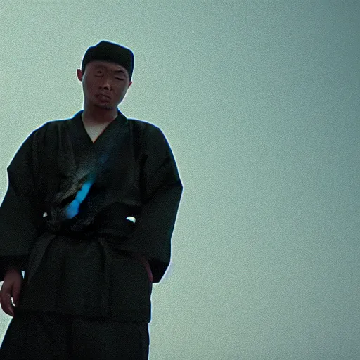 Image similar to cinematic film still of rapper DDG starring as a Japanese Sensei with fire, Japanese CGI, VFX, 2003, 40mm lens, shallow depth of field, film photography